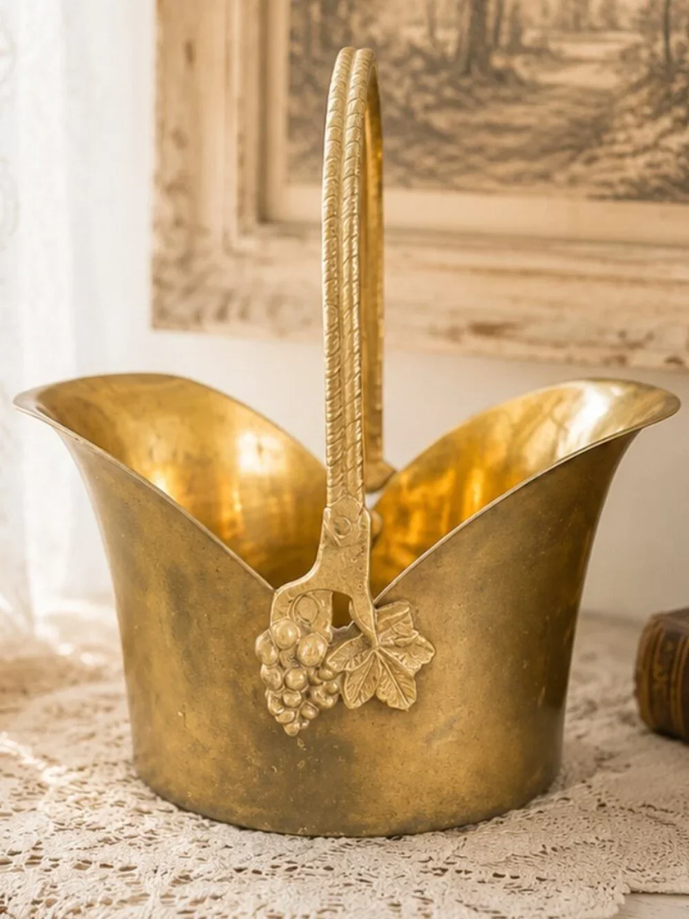 Vintage Solid Brass Basket Planter With Braided Handle and Grape Details